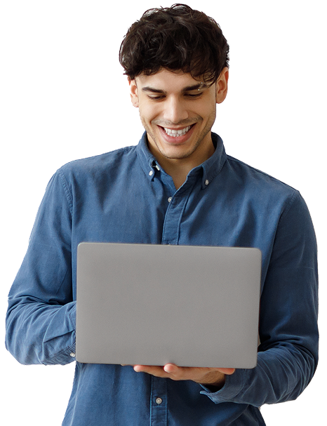 happy freelancer guy using laptop computer