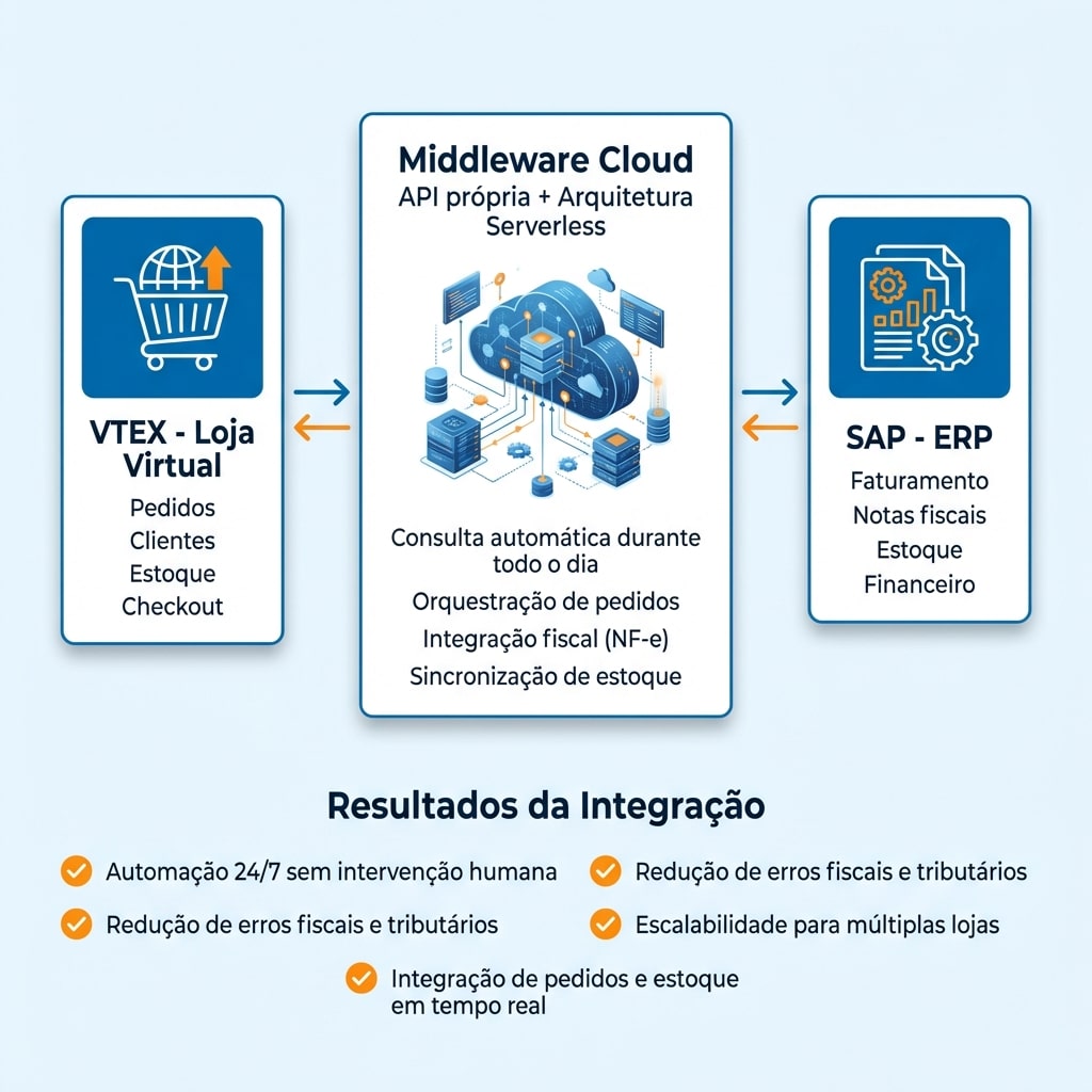 Middleware utilizado por mais de 5 lojas no Brasil • Automação completa 24/7 • Redução significativa de erros fiscais e tributários • Economia operacional e aumento de margem Palavras-chave SEO: integração VTEX SAP, middleware de integração, integração ERP e e-commerce, automação de pedidos, integração de notas fiscais, integração de estoque em tempo real, API para varejo, arquitetura serverless, usando lambda.